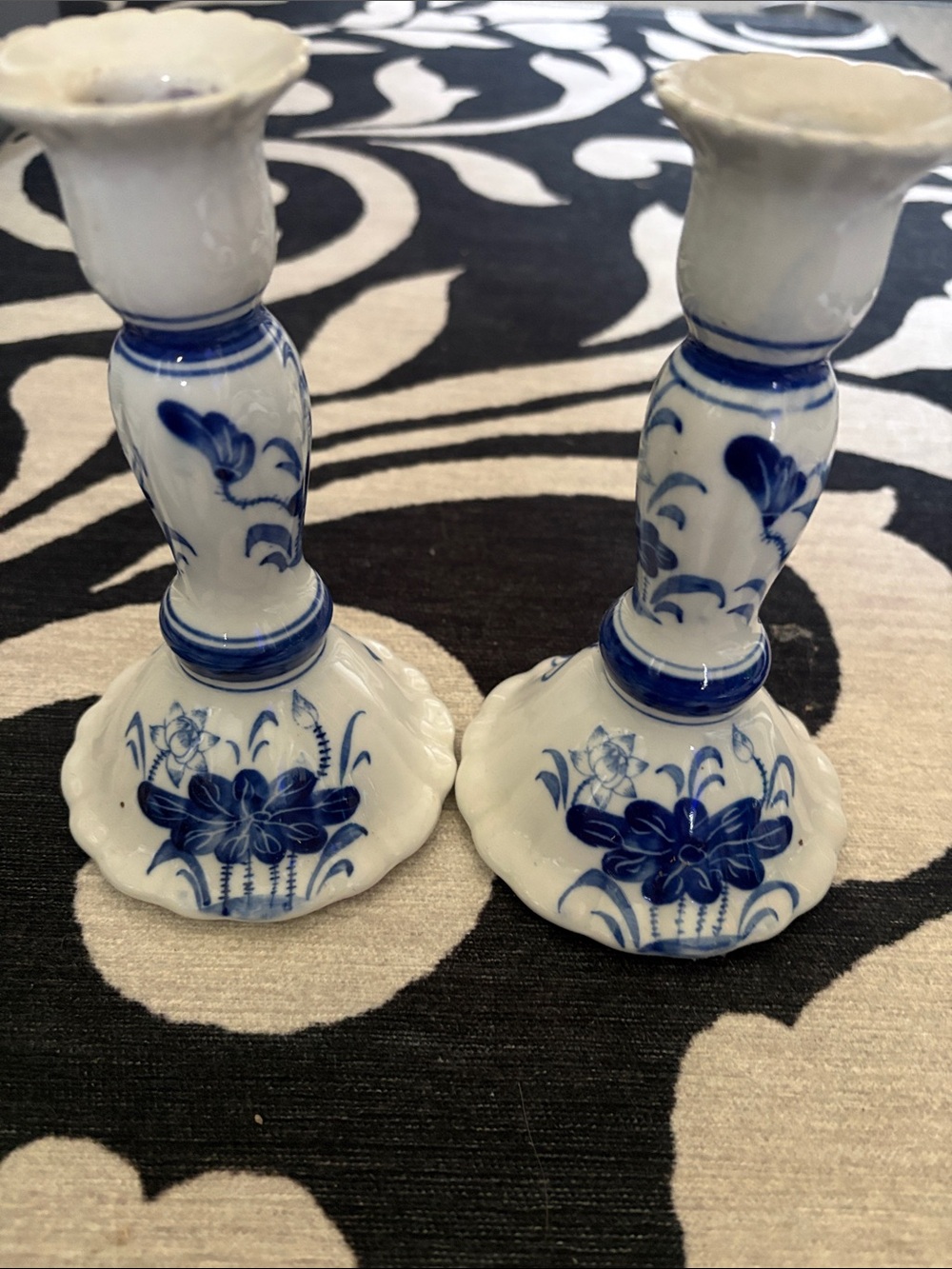 Vintage Handcrafted Blue and White Floral Porcelain Candle Holders - Set of 2
